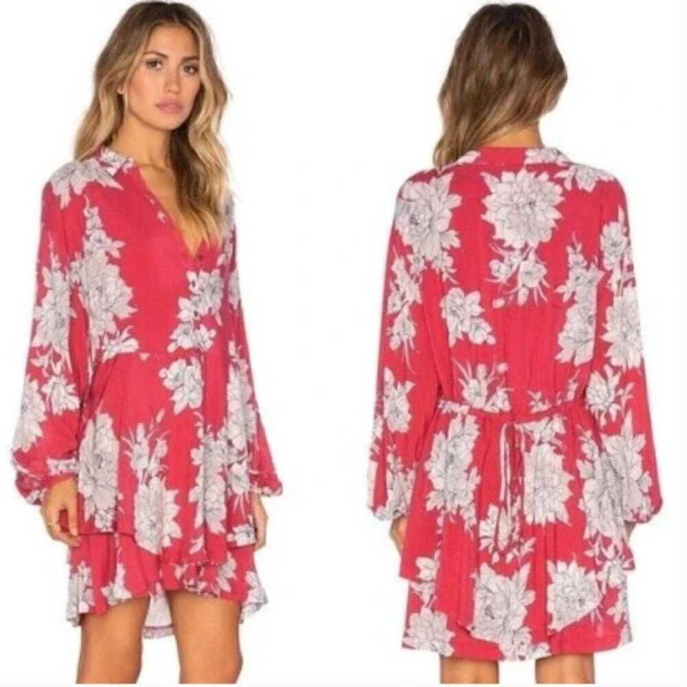 Free People Red Floral Print Shake It Dress Tie Waist, Small
